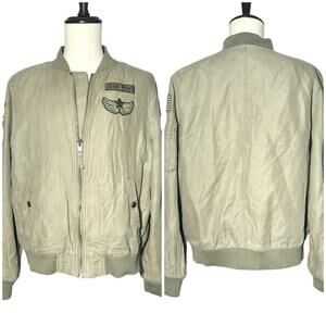 Express | Men | Linen Blend Olive Military Aviator Patch Bomber Jacket | Large